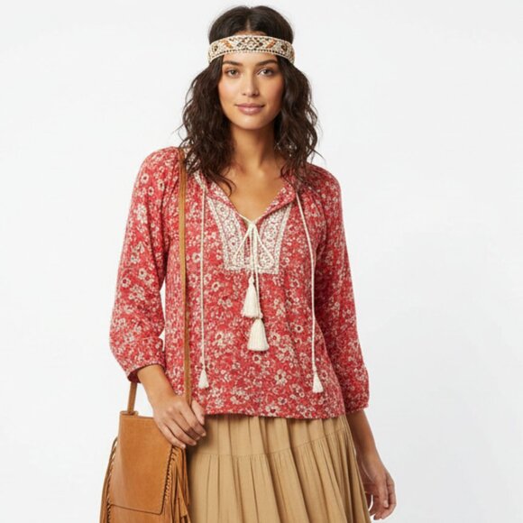 Free People Floral Print Pink & White High Low Loose Fit Cottagecore Boho Top M - Picture 1 of 5